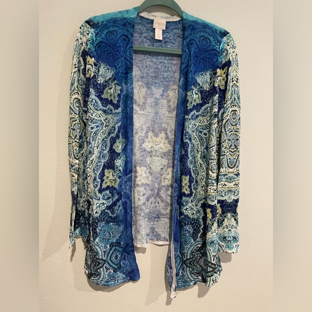Chico paisley print open cardigan flare sleeve blue/white/turquoise. Siz…